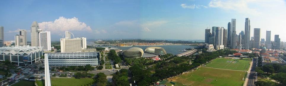 A combination of wide-angle lens and photo-stitching shows the view from our balcony on the 25th floor