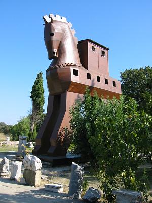 Trojan horse outside the ruins at Troy
