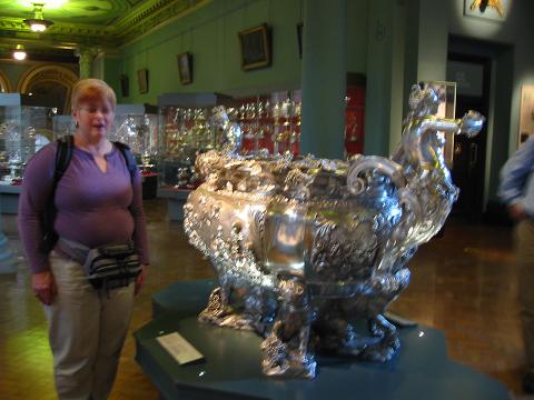Margaret with a sterling silver wine cooler, V & A, London